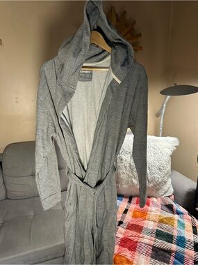 Express Light Gray Hooded Knit Fleece Robe with Belt